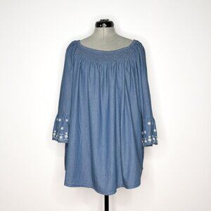Terra & Sky Smocked Neck Denim Blue Tunic with Eyelet Embroidery - 1X